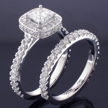 2.42 CT Pave Set Diamond Encrusted Princess Cut Engagement Ring Set in 14k White Gold